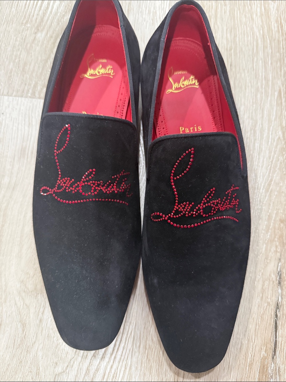 Christian Louboutin Black Suede Loafers with Red Crystal Script
